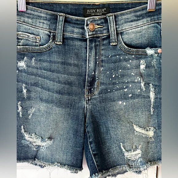 Judy Blue Women's Frayed Distressed Jean Shorts - Dark Blue - Picture 2 of 6